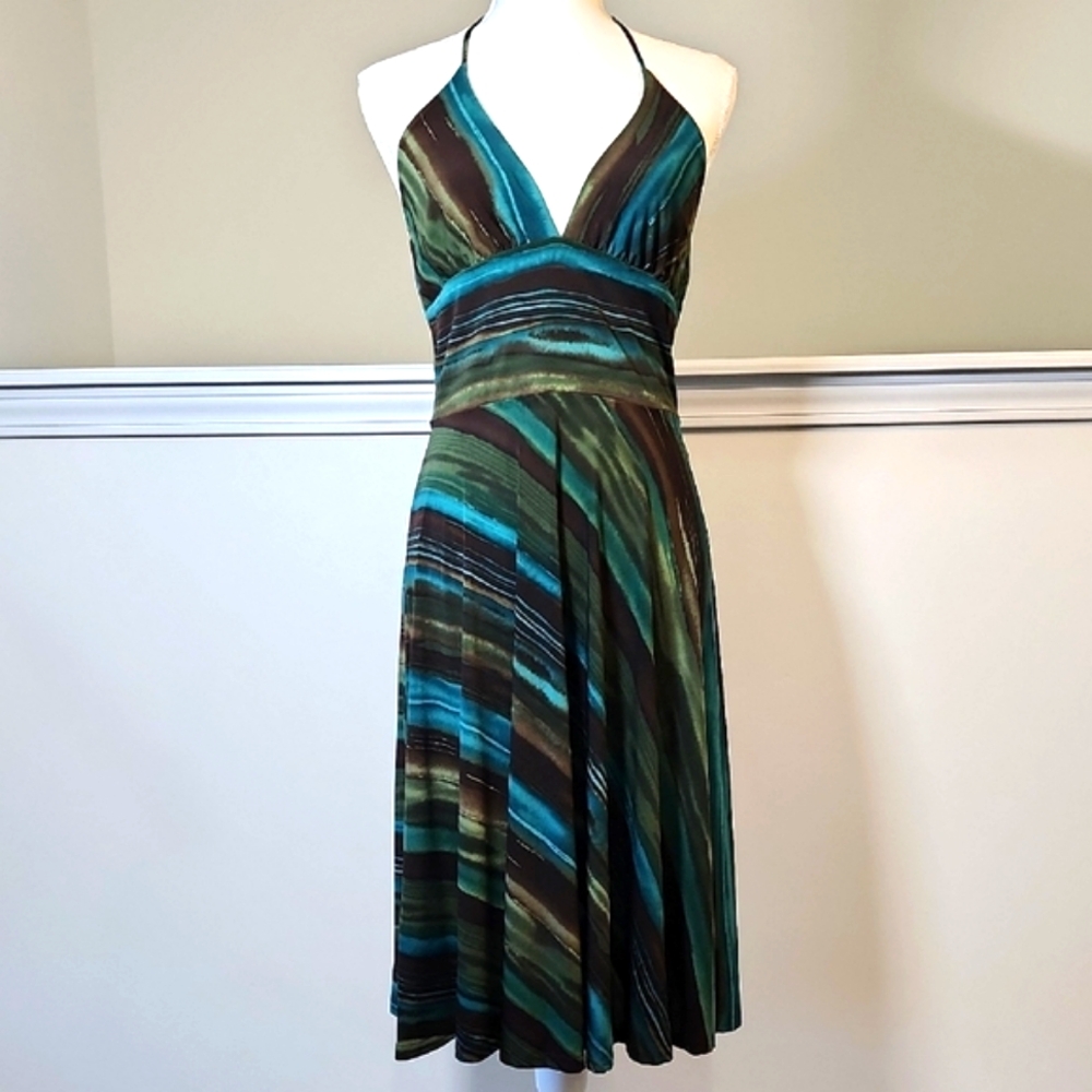 Y2K Women's Green Blue Brown Flowy Tie Neck Halter Lightweight Dress SZ L